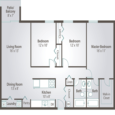 Floor plan for 3 beds, 2 baths, 1218 sqft
